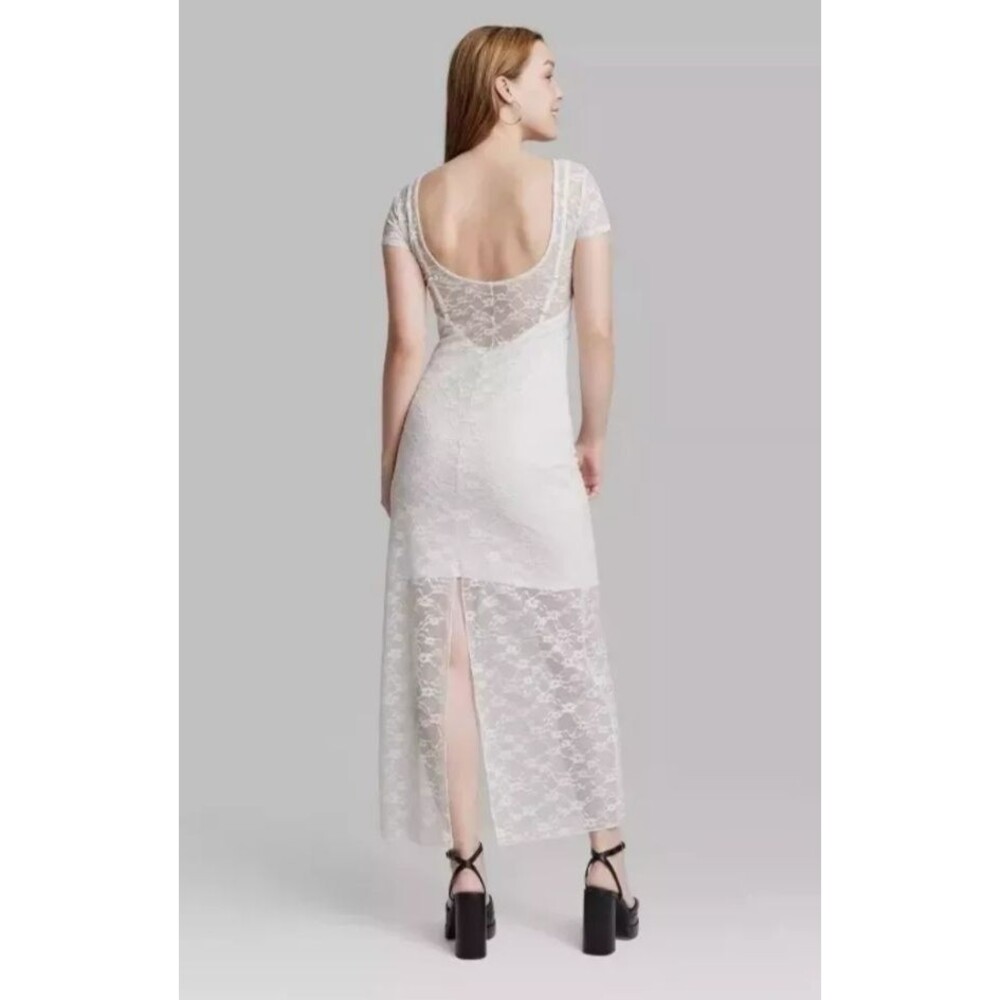 Maxi Slip Dress with Sheer Lace and Short Sleeves- Wild Fable, Off White, XS